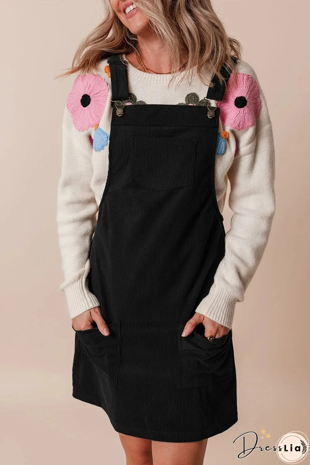 Black Solid Front Pockets Sleeveless Corduroy Overall Dress