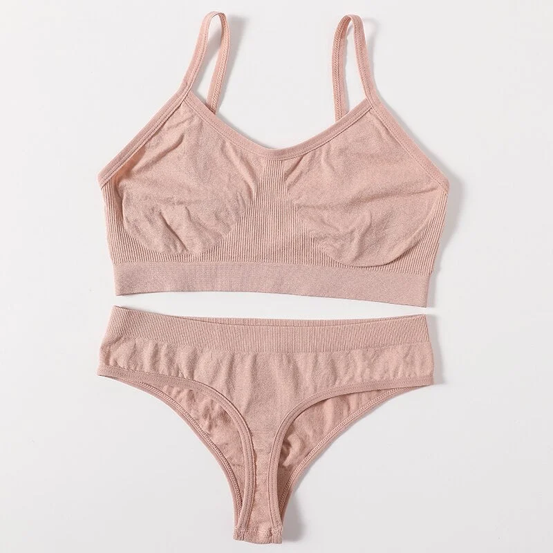 2PCS Women Bra Set Seamless Underwear Sexy Female Bralette Top Backless Bra Thong Panties No-Wired Brassiere Home Lingerie Set