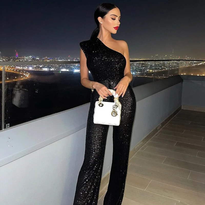 Gown Women Overalls One-shoulder Sequins Sparkly Jumpsuit Club Party Chic Slim Rompers Night Fashion Clothing Streetwear
