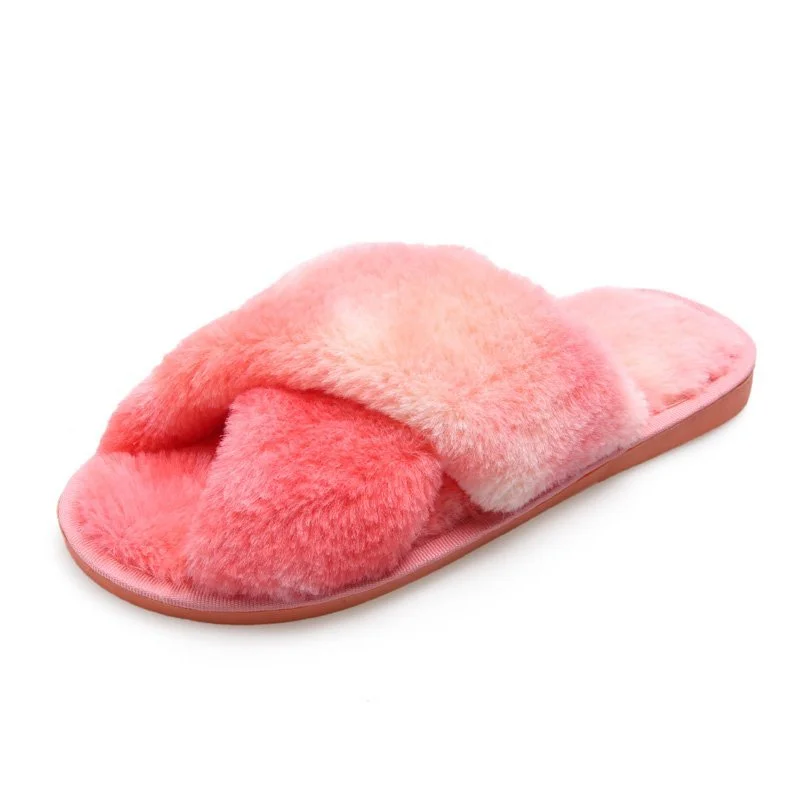 Winter Women Mix Colors Furry Slippers Flat Fluffy Soft Fur House Slides Floor Non Slip Warm Fashion Indoor Shoes Ladies Trend