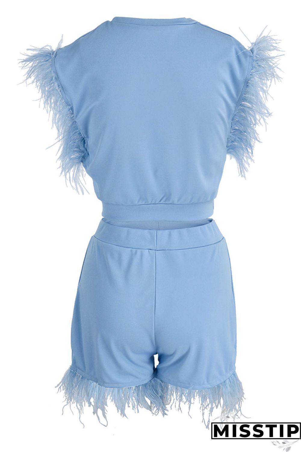 Sky Blue Fashion Casual Solid Patchwork Feathers O Neck Sleeveless Two Pieces