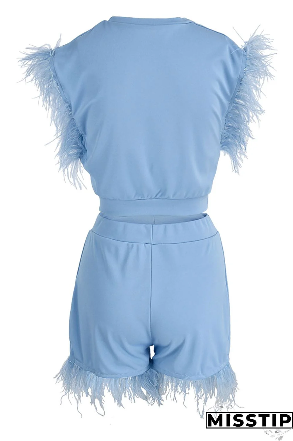 Sky Blue Fashion Casual Solid Patchwork Feathers O Neck Sleeveless Two Pieces