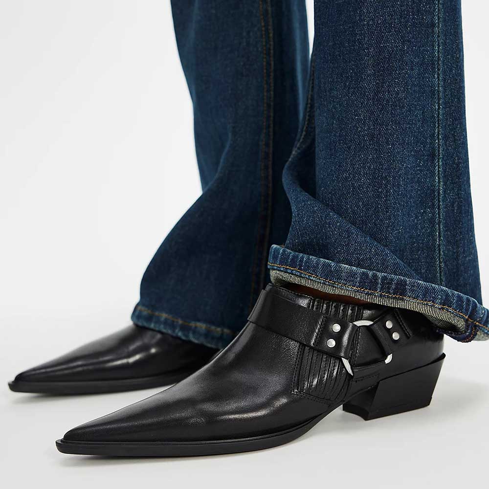 Black Buckle Strap Slip-On Pointed Toe Ankle Boots with Elastic-Band Nicepairs