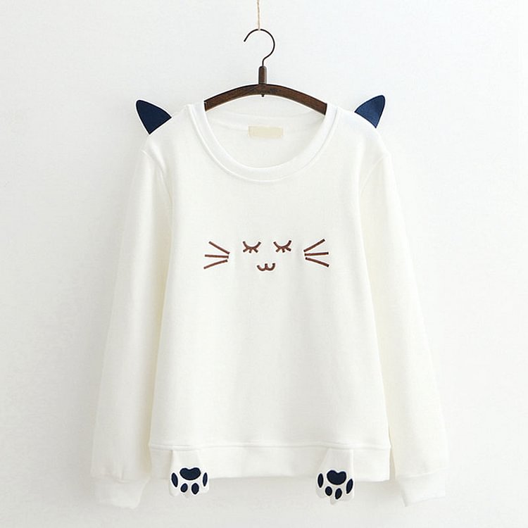 Cat Footprint Embroidery Plush Sweatshirt - Modakawa modakawa