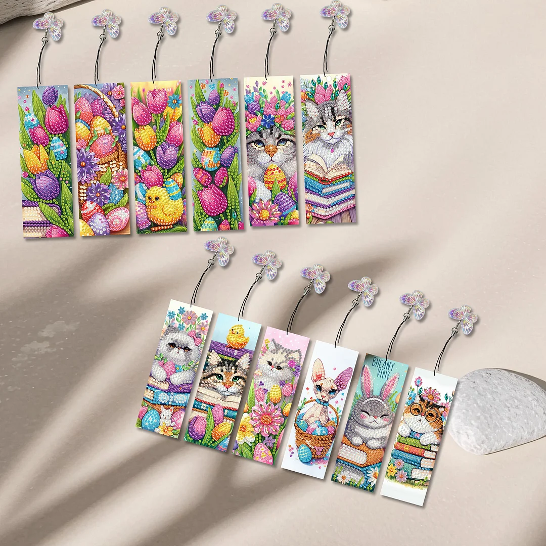 12Pcs Easter Cats DIY Diamond Art Painting Bookmark for Reading Enthusiasts