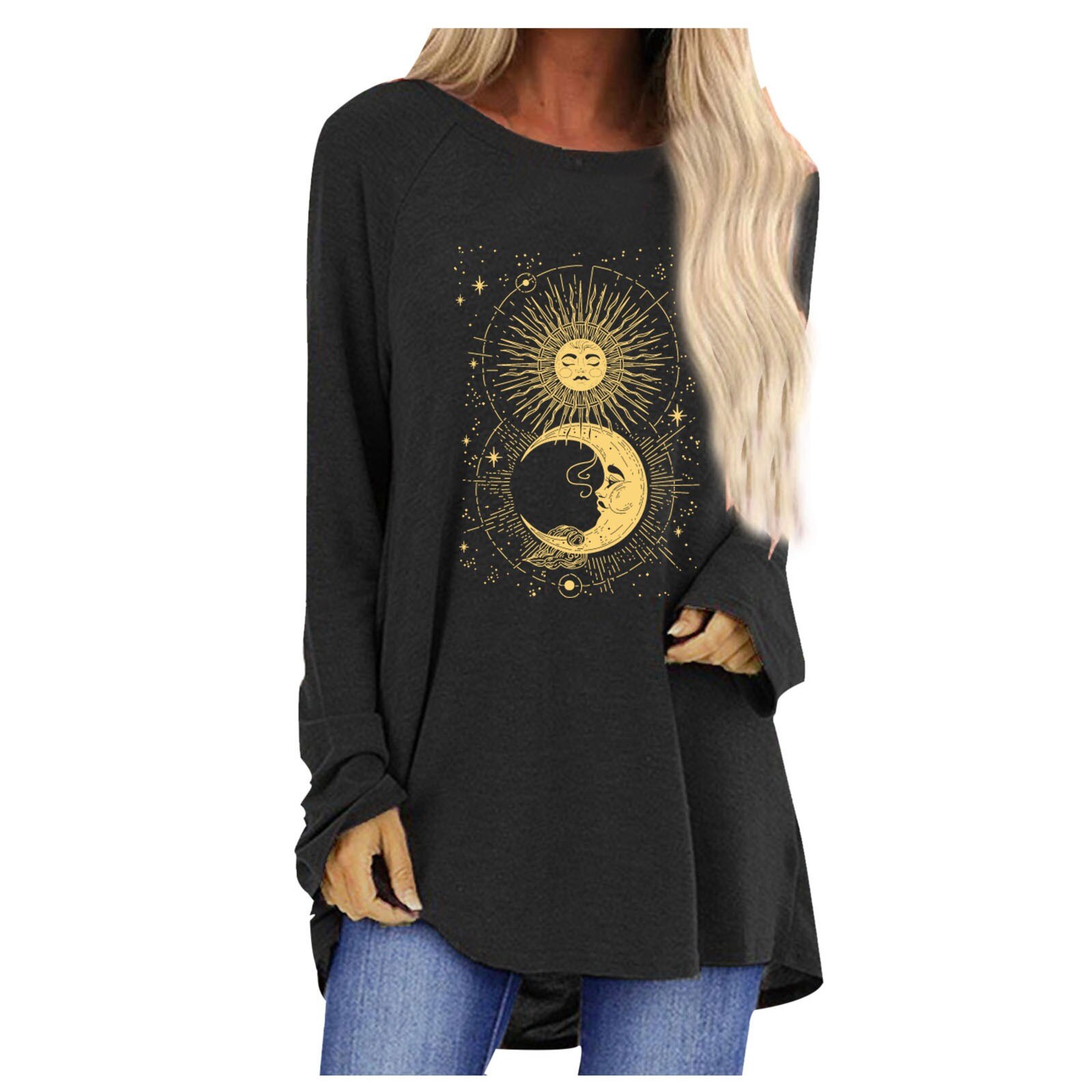 Cartoon Sun Moon T-shirts Women's Autumn Printed Long Sleeve T-shirts Round-Neck Long Style Plus Size Tops clothes