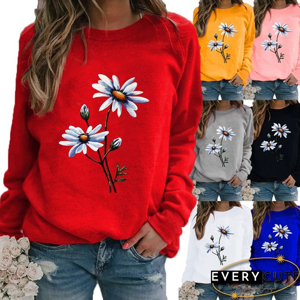 Womens Fashion Spring and Autumn Clothing Flower Print Casual Sweatshirt Long Sleeve
