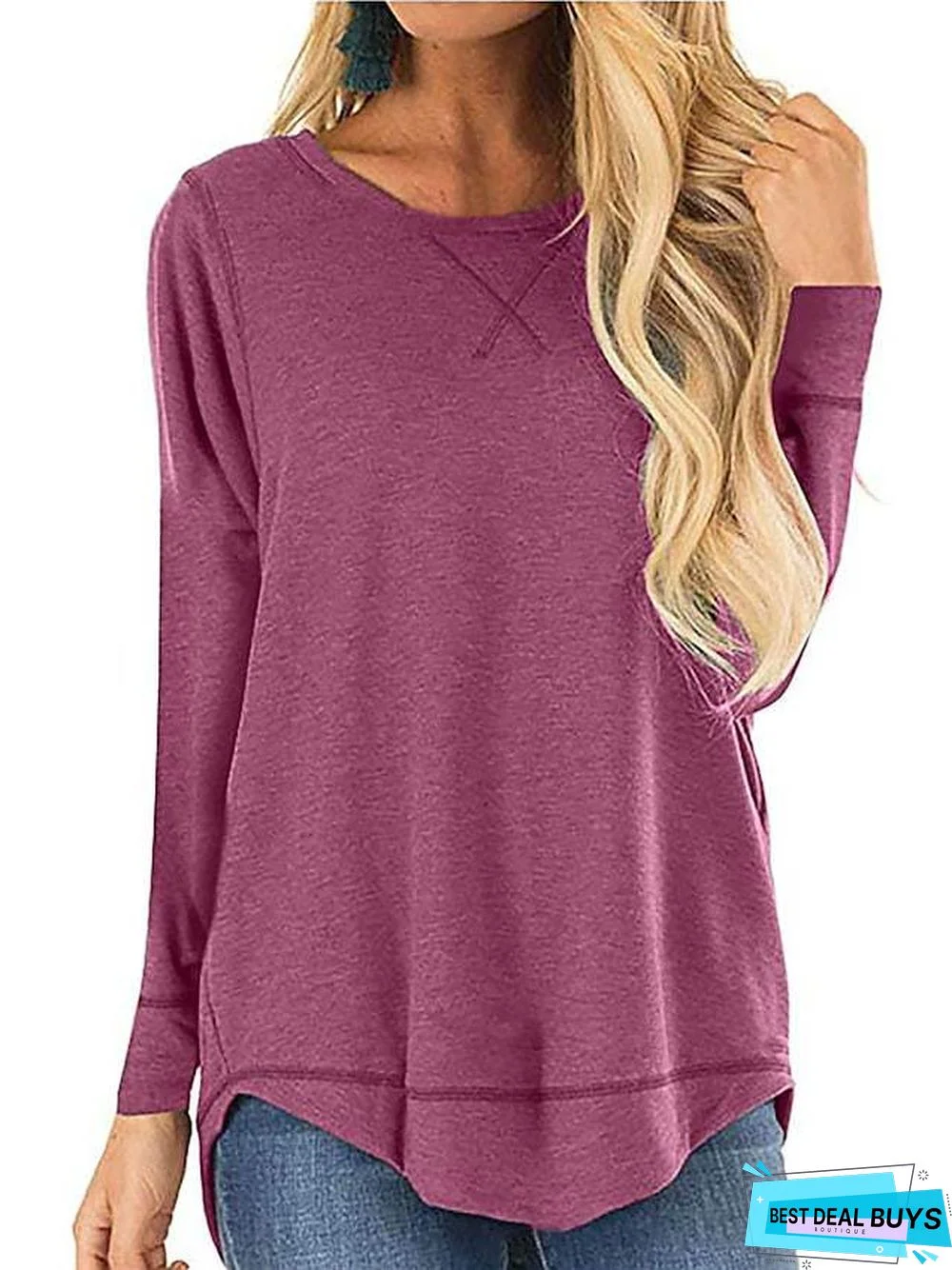 Women's T-Shirt Plain Solid Color Long Sleeve Round Neck Basic Casual Tops Cotton Black Green Sky Blue