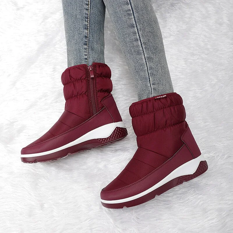 Winter Snow Boots Woman Casual Warm Slip on Plush Shoes Patchwork Ankle Boots Women Fashion Wedges Waterproof Botas Mujer