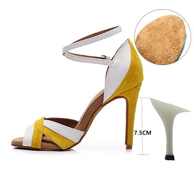 VCshoes Woman Latin Ballroom White Yellow Modern Dance Shoes Suede Sole Jazz Salsa Cuban Slim Heels Ladies Open Toes Leather Stiletto