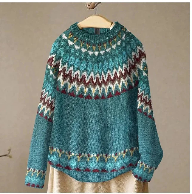 Women's 2024 Casual Sweater Ethnic Style Colorful Striped Patchwork Pullover Sweater