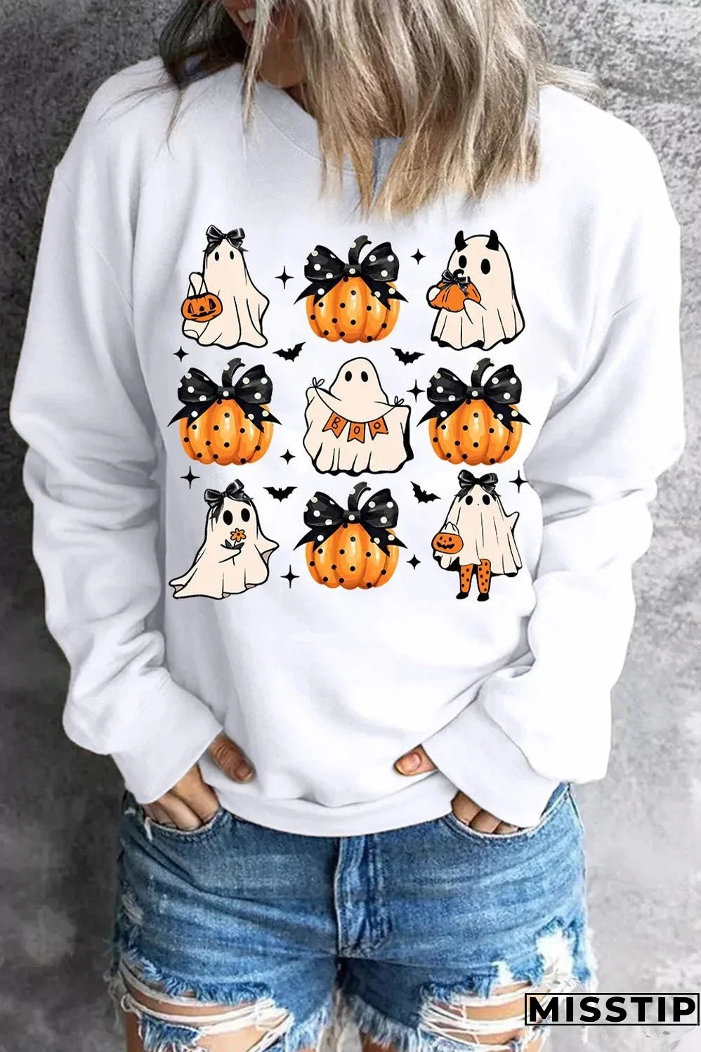 Pumpkin & Ghost Round Neck Long Sleeve Sweatshirt
