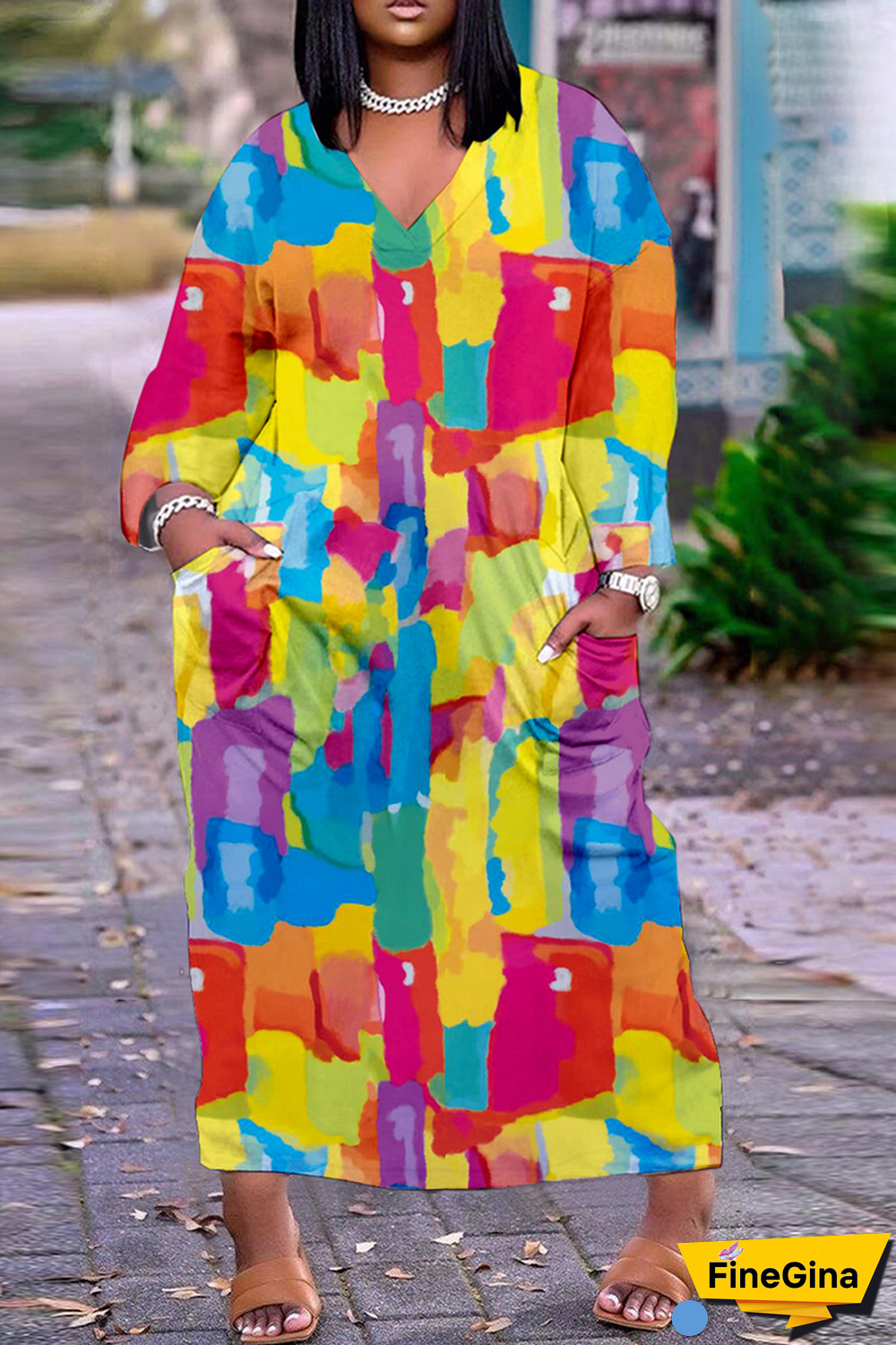 Red White Casual Print Patchwork V Neck Straight Dresses