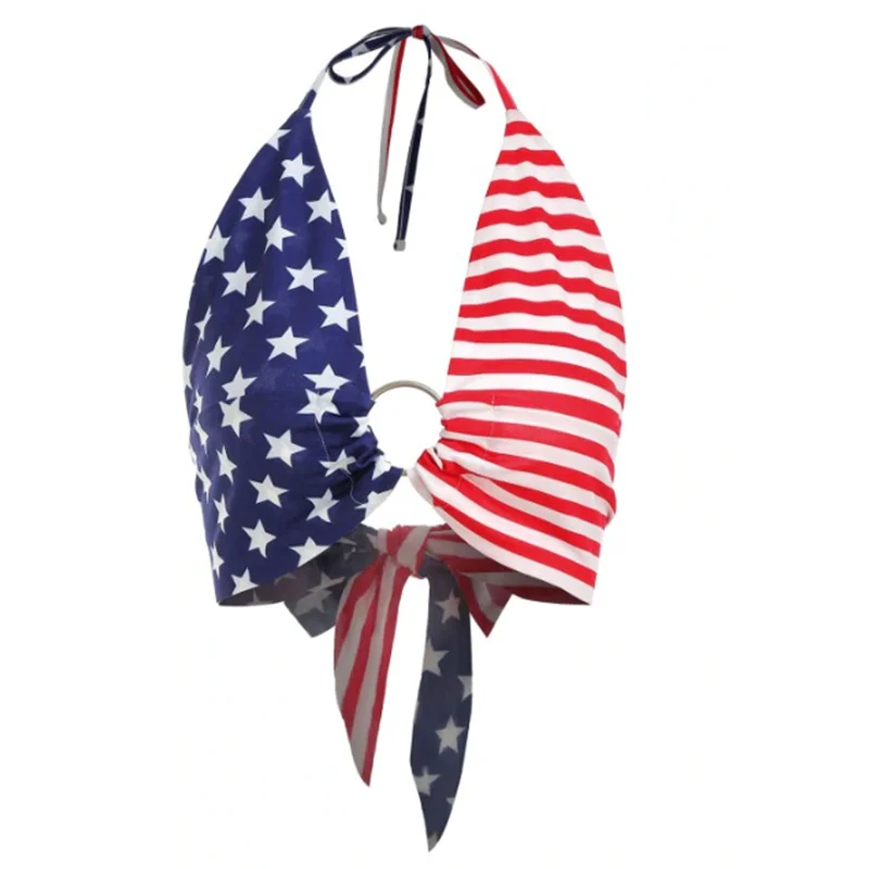 Brownm 2024 Women's New Sexy V-Neck American Flag Hanging Neck Ring With Velvet Chest On The Back