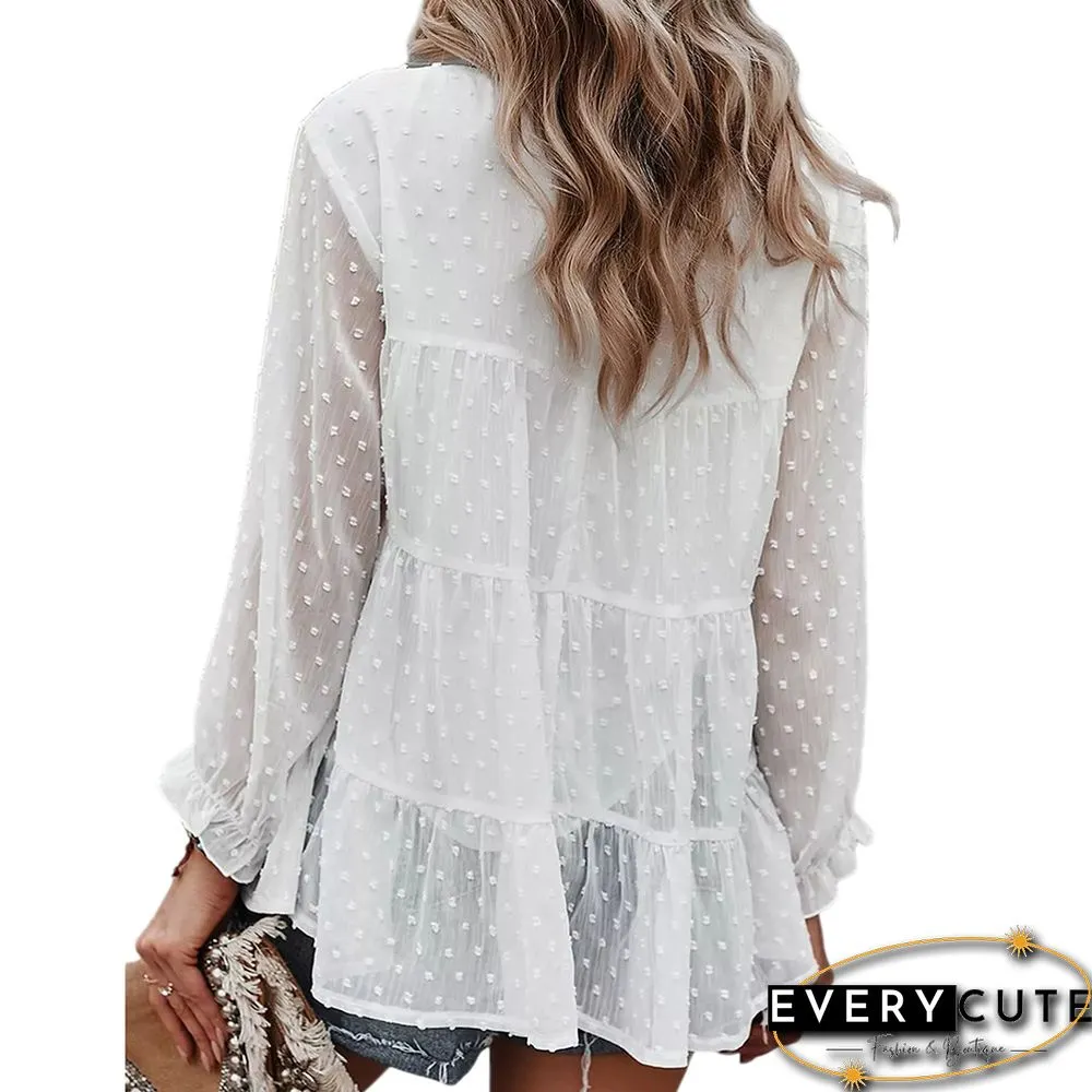 White Swiss Dot Ruffle Detail Chiffon Blouse