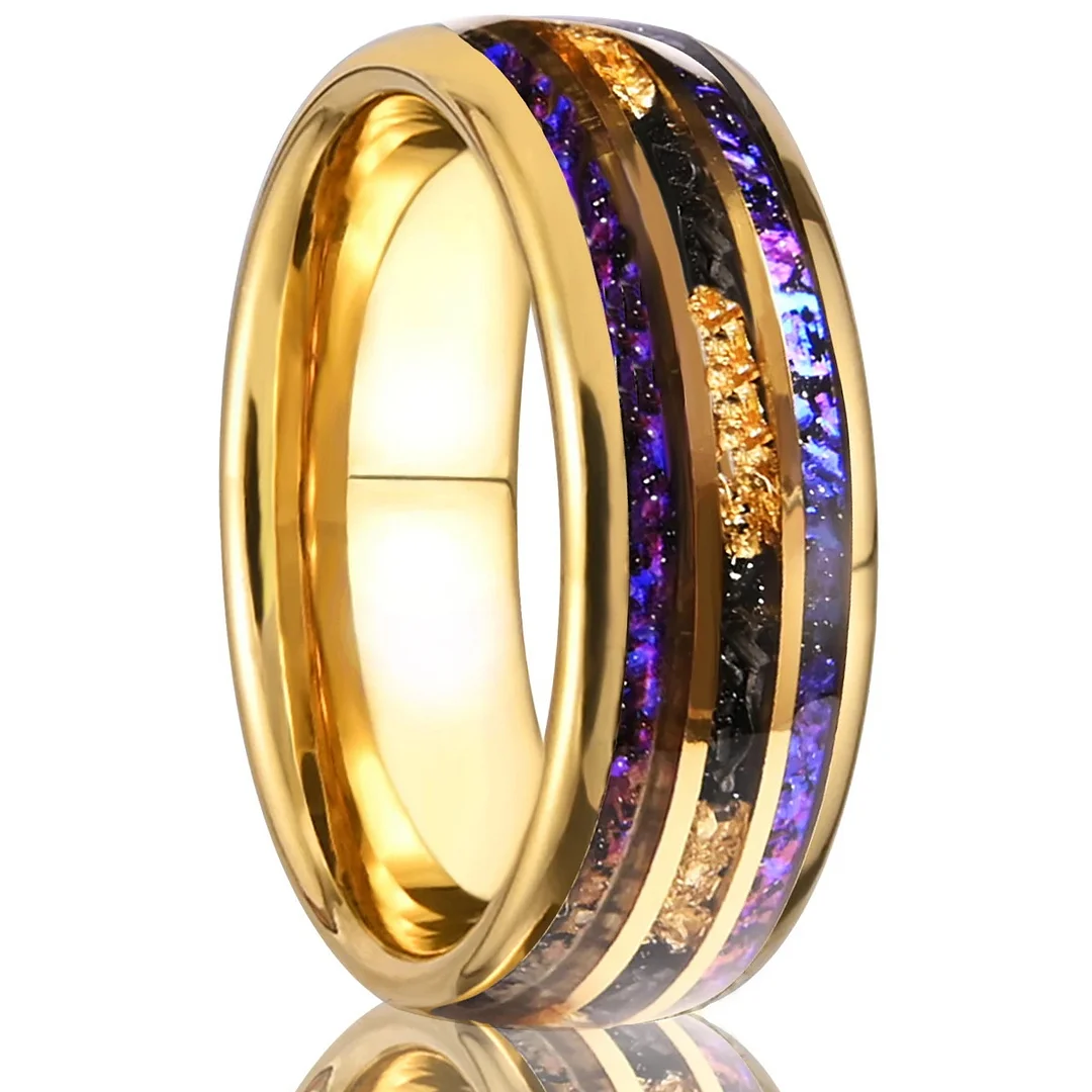 8MM Gold Electroplated and Inlaid Opal Gold Foil Tungsten Carbide Rings Spherical Wedding Comfort Fit Couple Rings