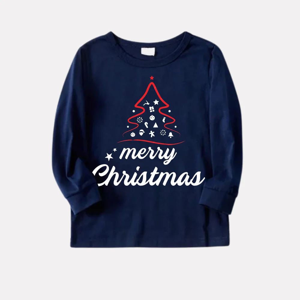 Red Christmas Tree Stick Figure - Blue Long Sleeve Top with Blue & Red Plaid Family Matching Pajamas
