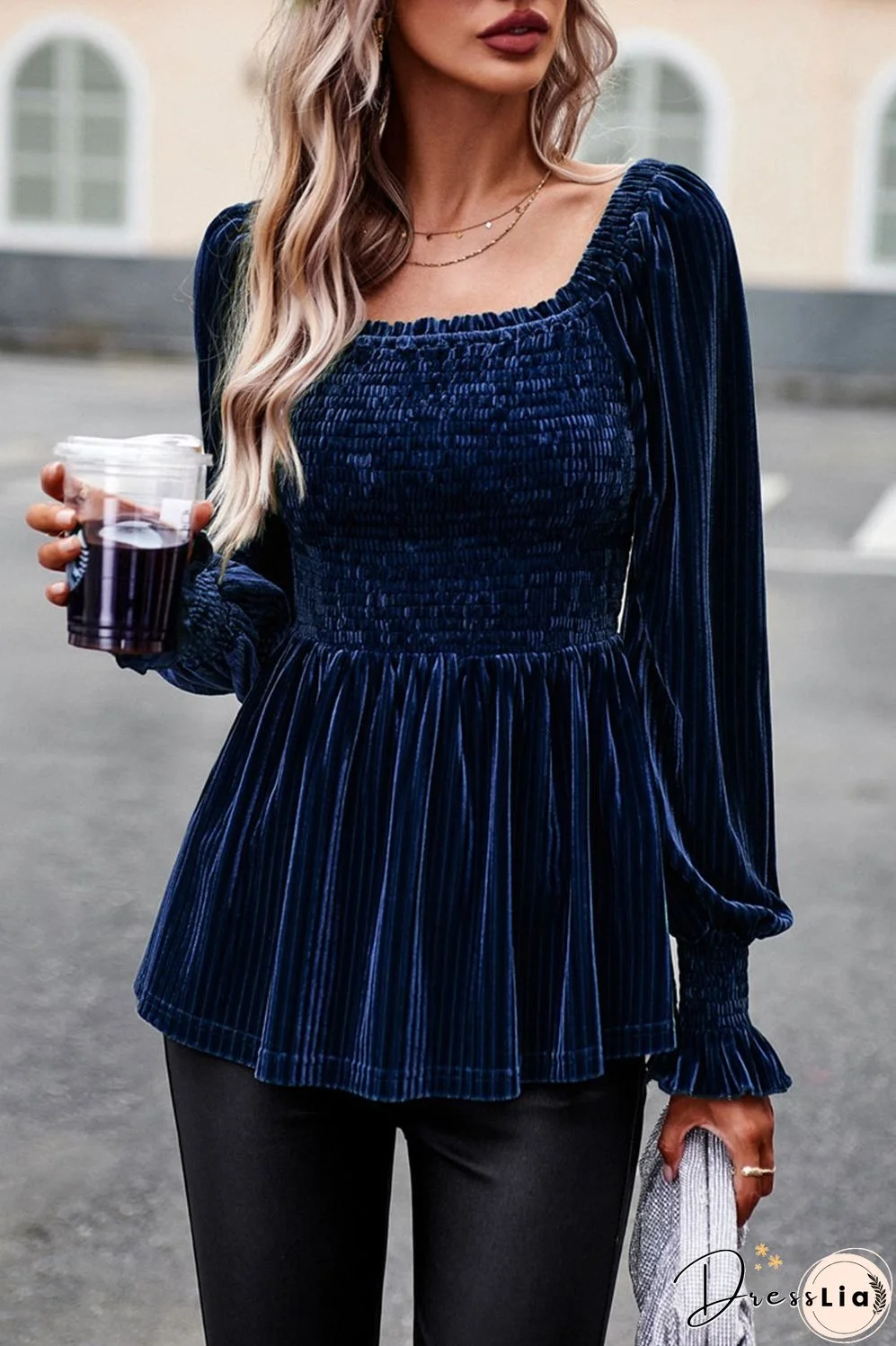 Smocked Square Neck Long Sleeve Blouse