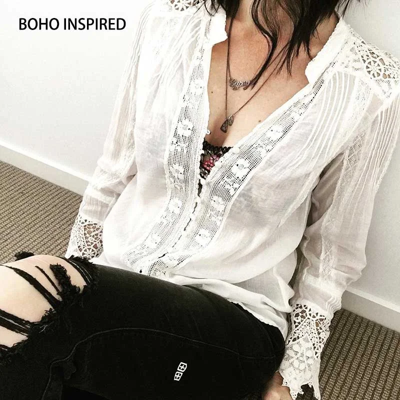 BOHO INSPIRED blouse white cotton lace floral embroidery women's shirt loose boho style v-neck long sleeve tunic  tops