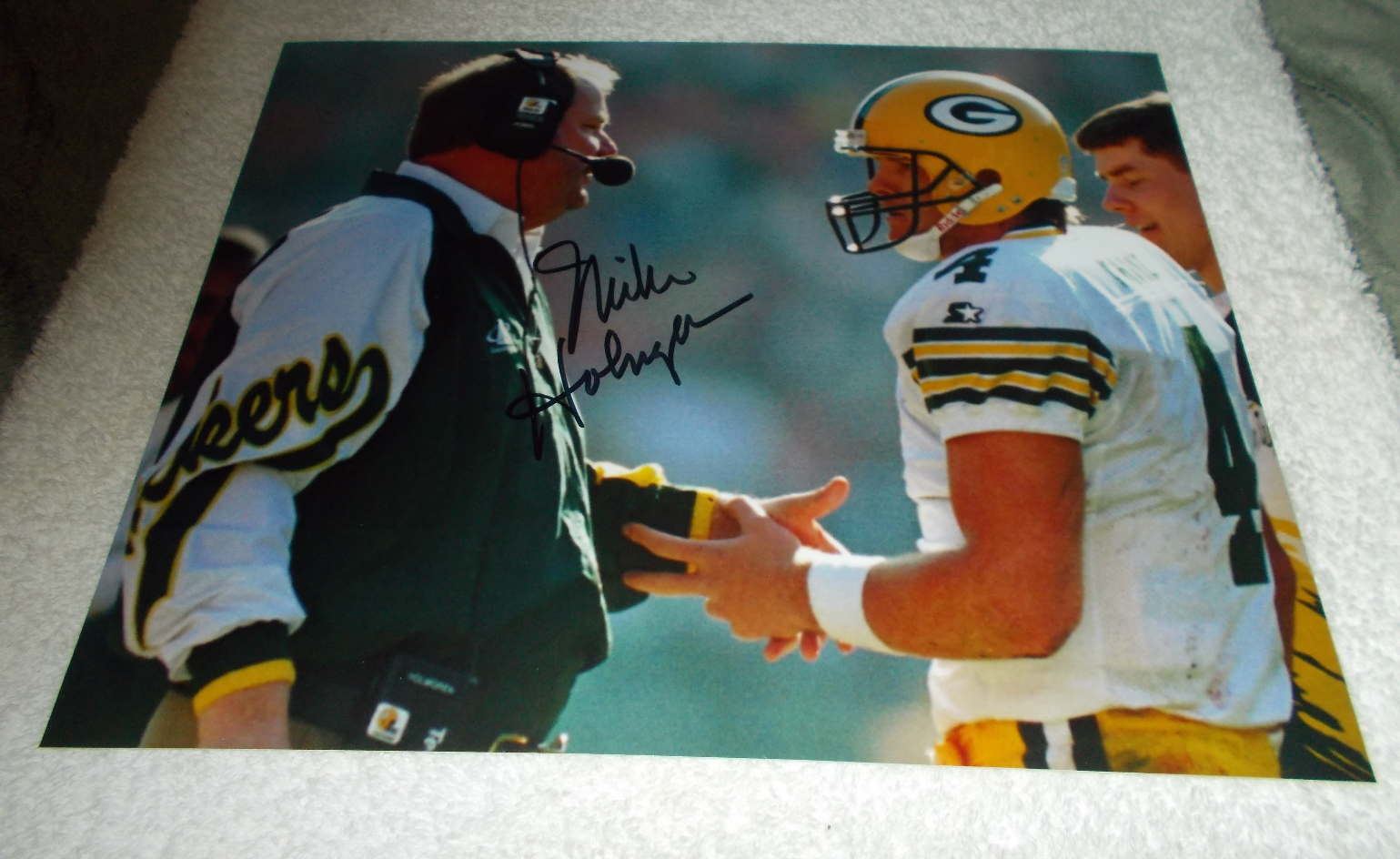 Mike Holmgren Green Bay Packers SIGNED AUTOGRAPHED 8x10 Photo Poster painting COA BRETT FAVRE