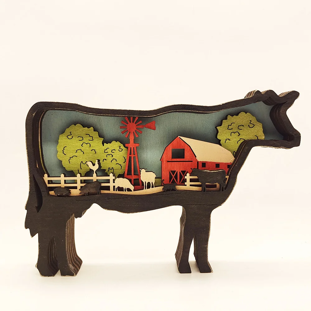 Purexcellent&trade; New creative home desktop wood carved cow handicraft decoration