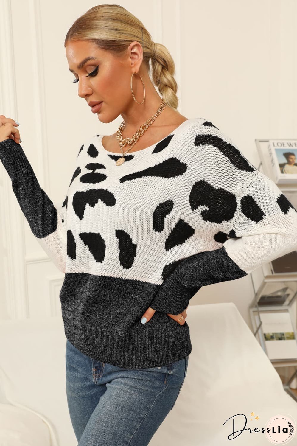 Full Size Two-Tone Boat Neck Sweater