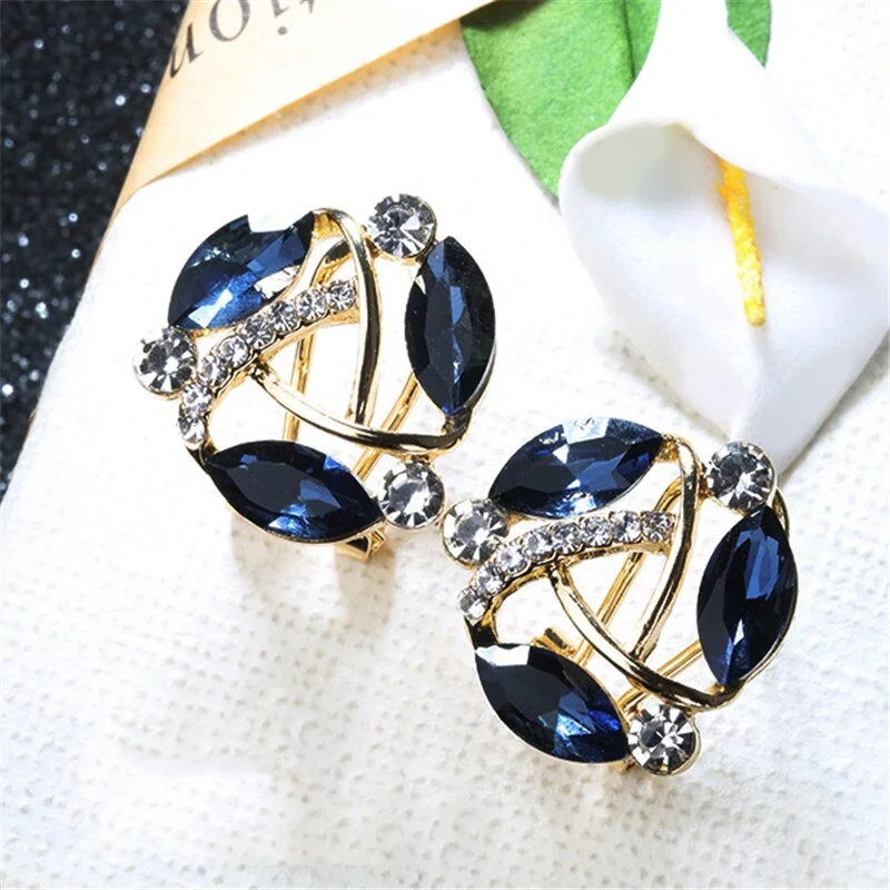 Vintage Female Red Blue Crystal Stone Jewelry Charm Hollow Geometry Clip Earrings For Women Dainty Gold Color Wedding Earrings