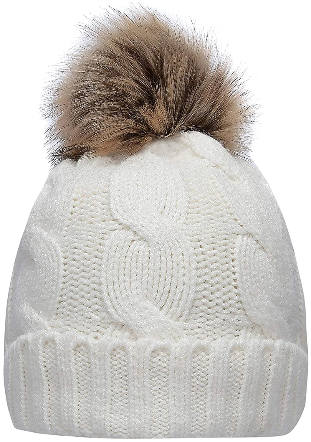 Women's Winter Ribbed Knit Faux Fur Pompoms Chunky Lined Beanie Hats