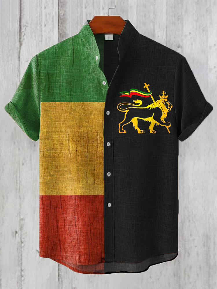 Men's Reggae Lion Art Print Linen Blend Shirt wearshes