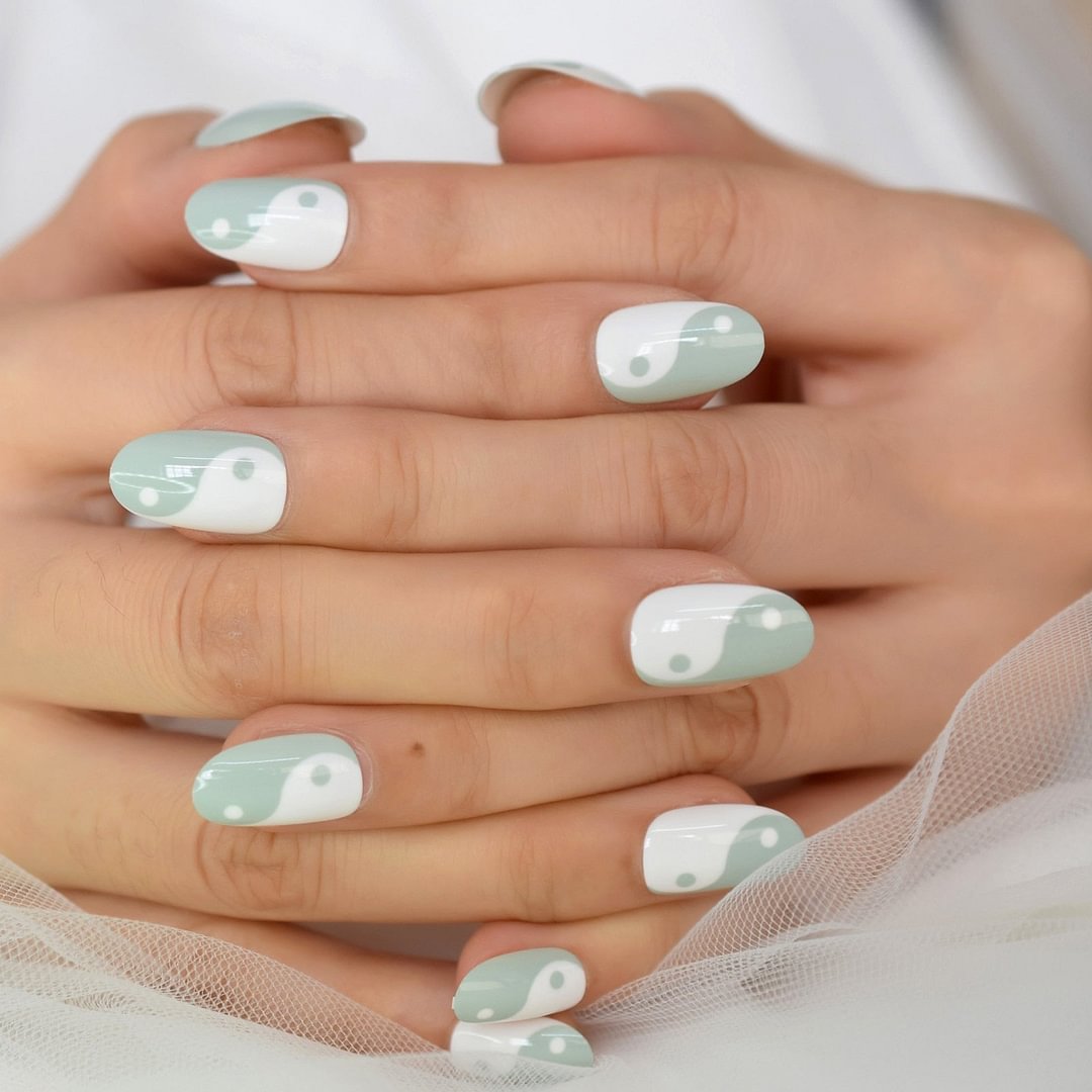 Tai Chi Two Meter White Light Green Press On Full Cover Nail Tips Supplies For Professionals Almond Medium Short Chinese Style