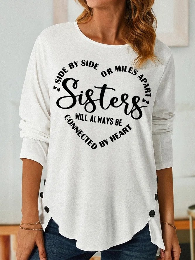 Text Letters Cotton-Blend Casual Long Sleeve Top