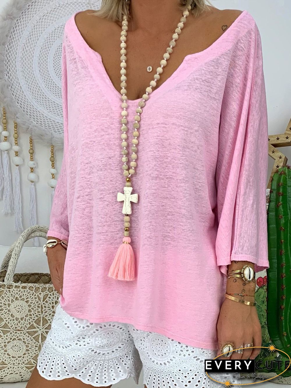 Casual V NeckSolid Cotton T-shirt