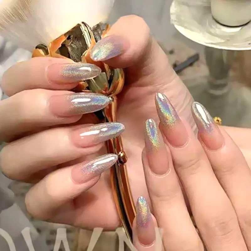 24pcs New Glitter Sequins Gradient Pink Waterproof Artificial Nail Tips With Glue Short Round Full Cover Artificial Fake Nails-Nail Inspo