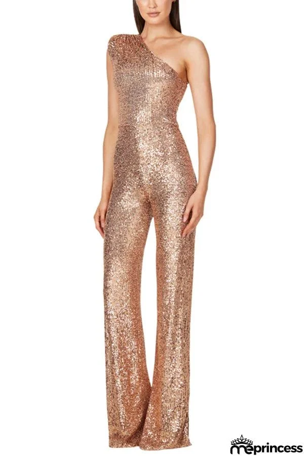 Alize Stretch Sequin One Shoulder Wide Leg Jumpsuit