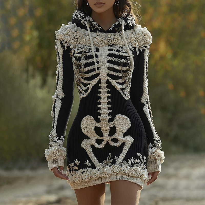 Women's  Halloween Skeleton Bones With Roses Art Cozy Knit Hooded Sweater Dress