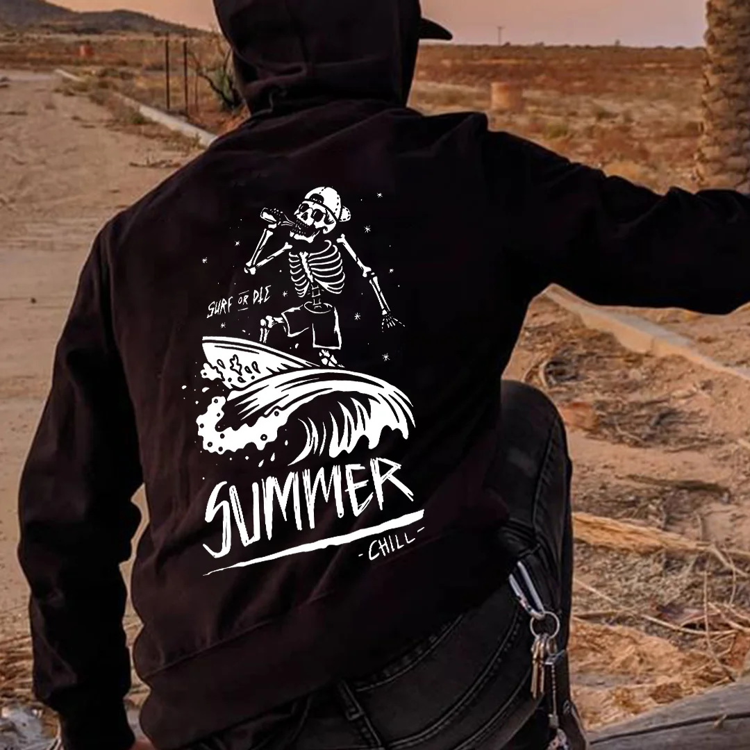 Men's Casual Skeleton Surf Or Die Printed Hoodie - Krazyskull