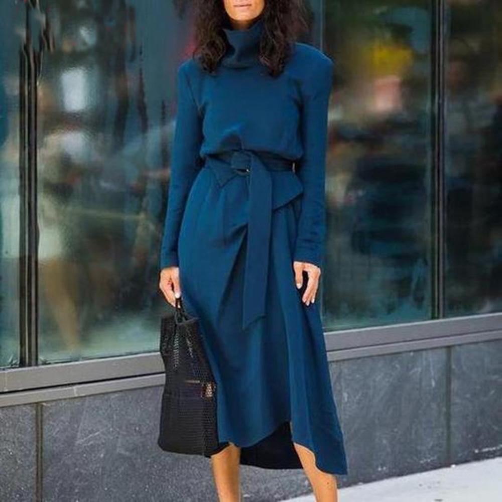 Elegant Turtleneck Solid Color Belted Dress
