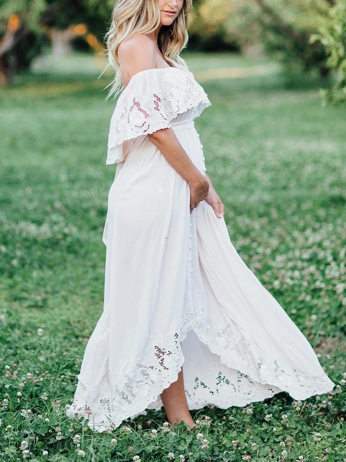 white lace off the shoulder maternity dress