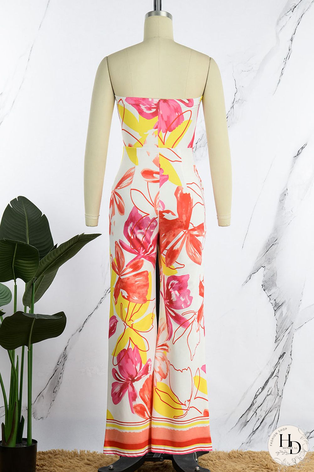 Yellow Sexy Print Patchwork Strapless Straight Jumpsuits
