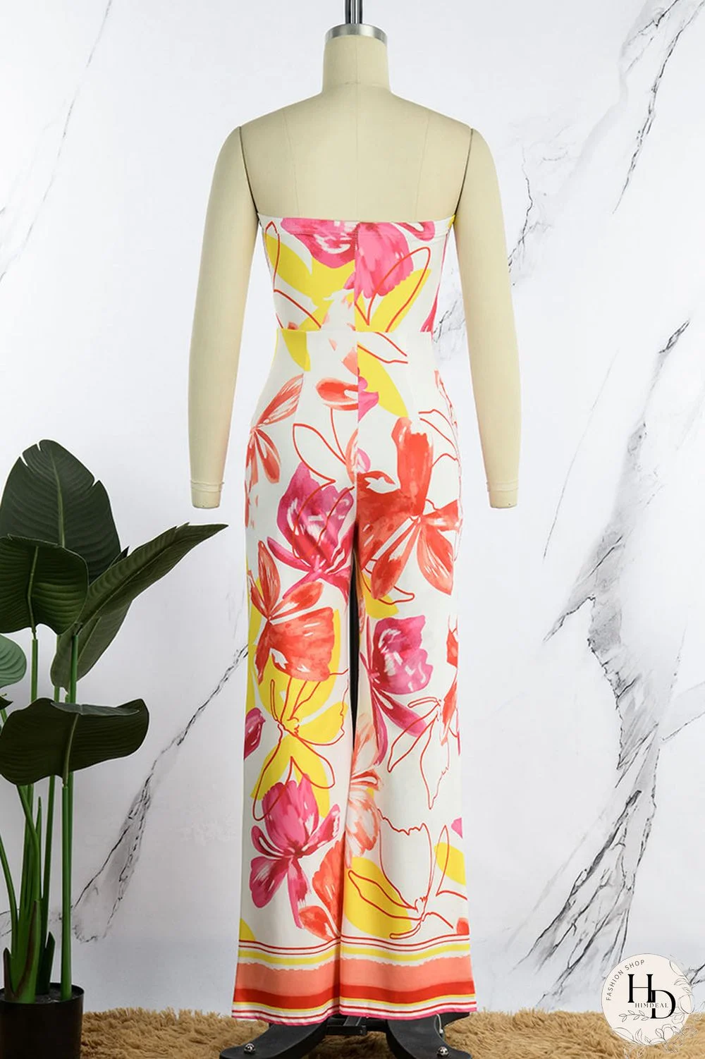 Yellow Sexy Print Patchwork Strapless Straight Jumpsuits