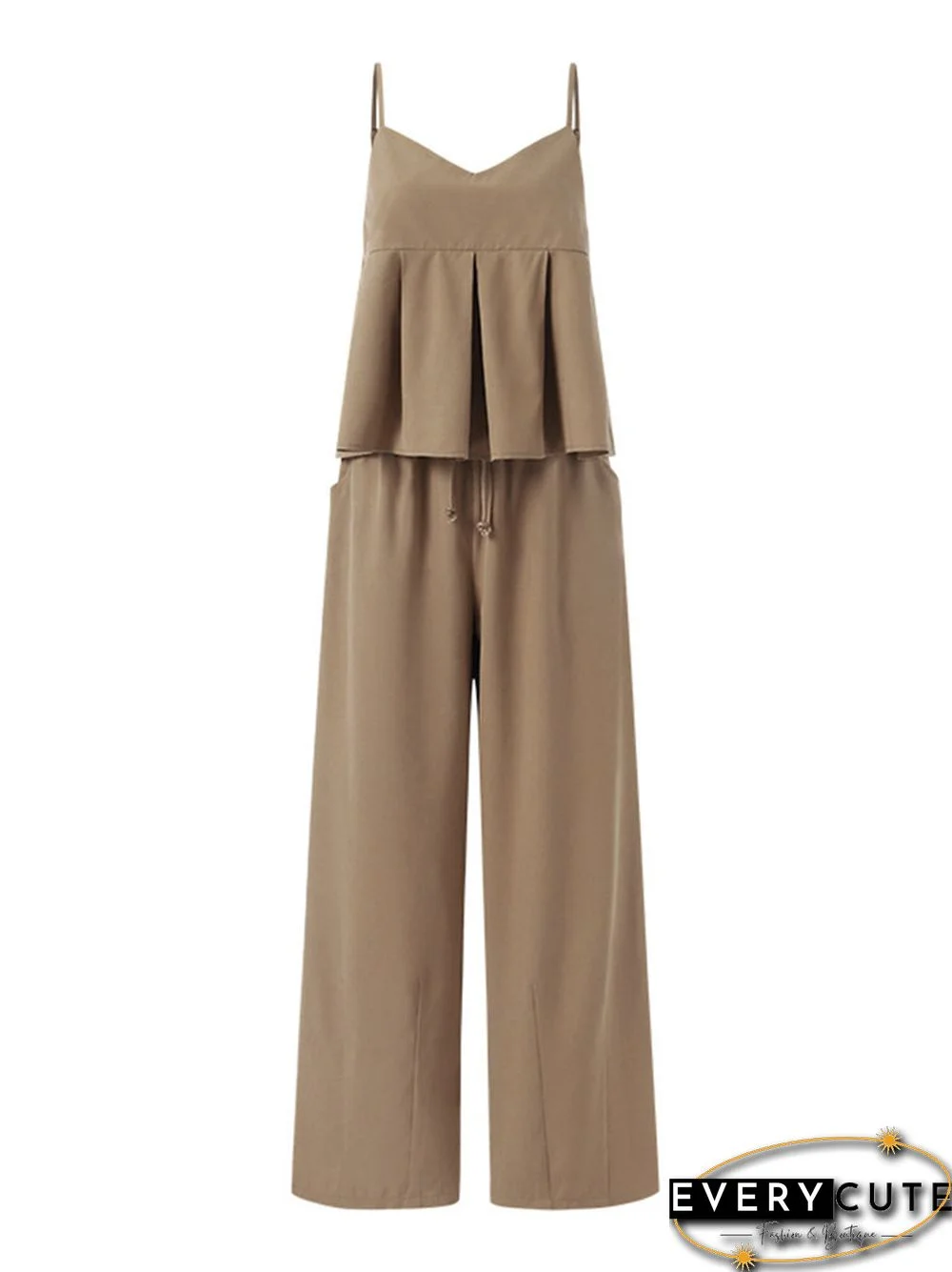 Plain Pleats V Neck Sleeveless Elegant Two Pieces Suit