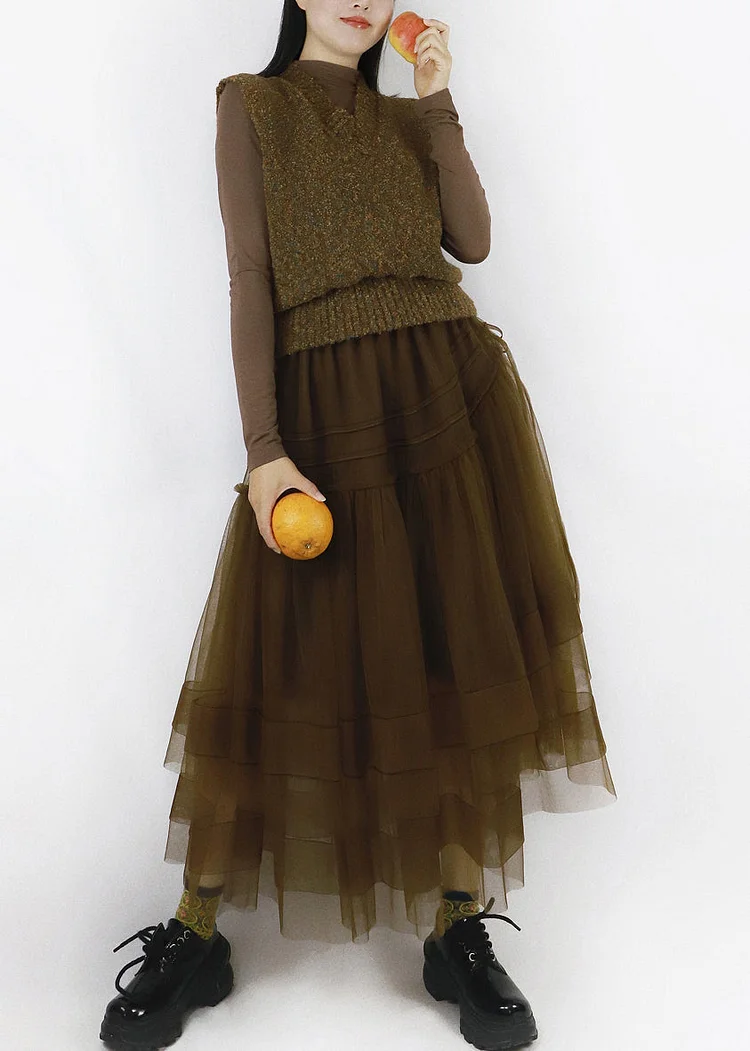 Coffee V Neck Drawstring Tulle Patchwork Knit Long Dress Fall