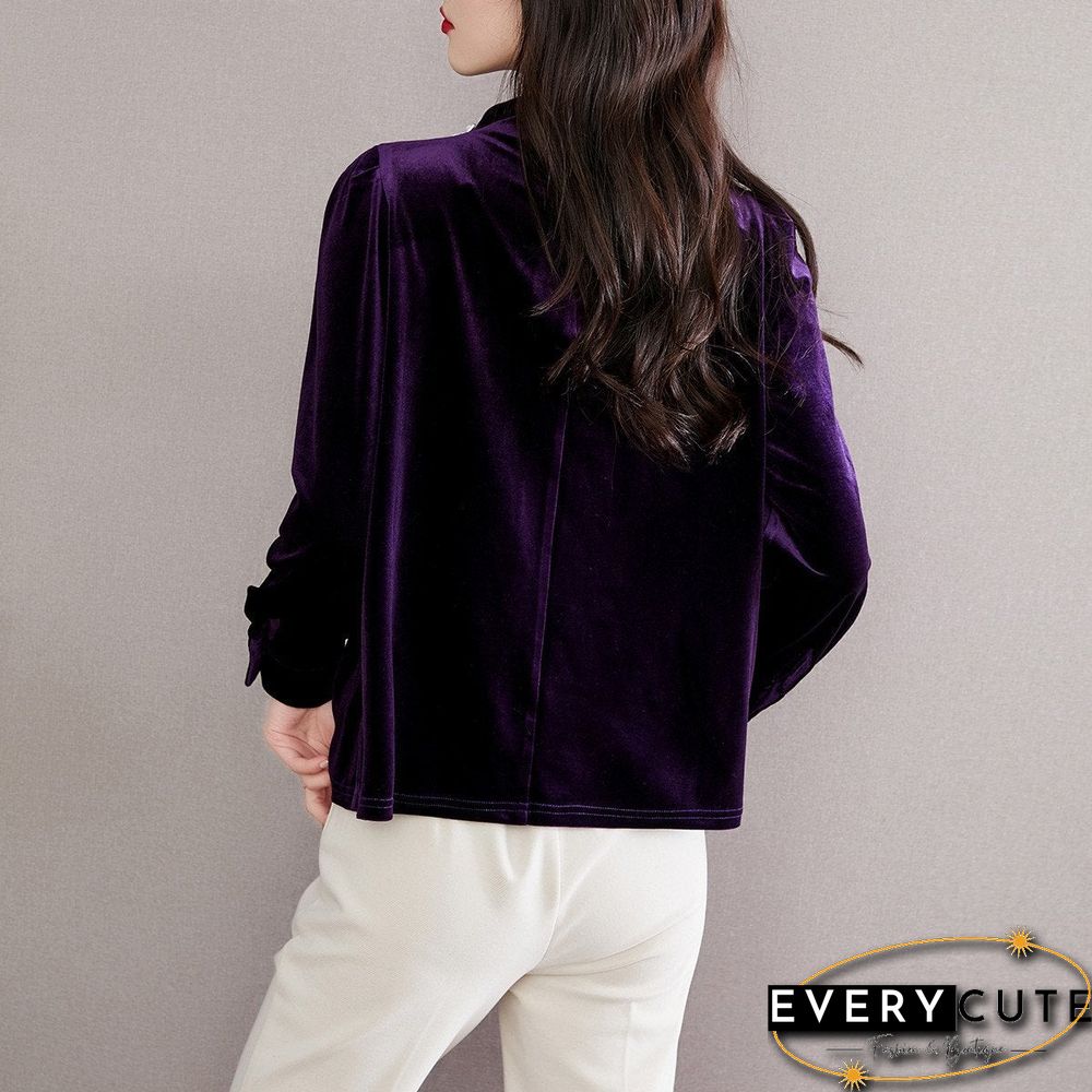 Purple Pleated Plain Velvet Top