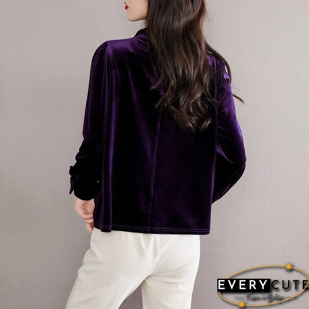 Purple Pleated Plain Velvet Top