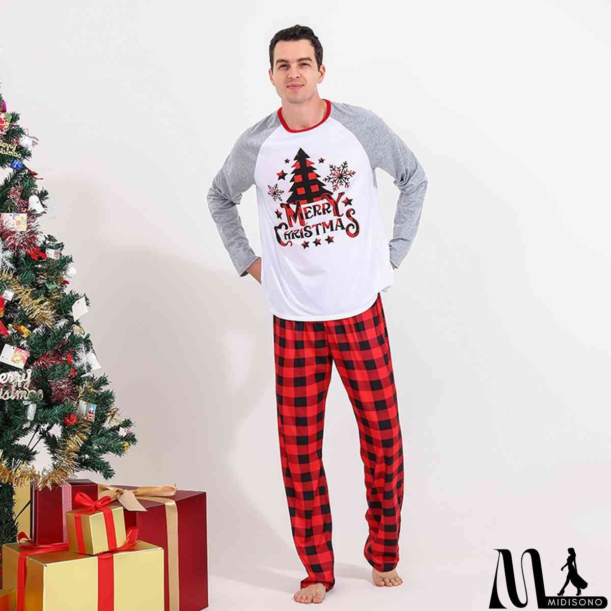MidiSono - Men MERRY CHRISTMAS Graphic Top and Plaid Pants Set