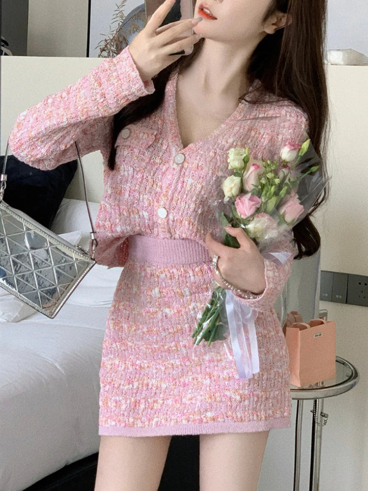 Aiertu Two Piece Dress Set Sweet Cardigan Sweater + Slim Skirt Pink Elegant Y2k Mini Dress Autumn Office Lady Casual Knitted Suits Aiertu