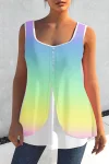 Plus Size Rainbow Print Decorative Button Faux Two Piece Tank Top