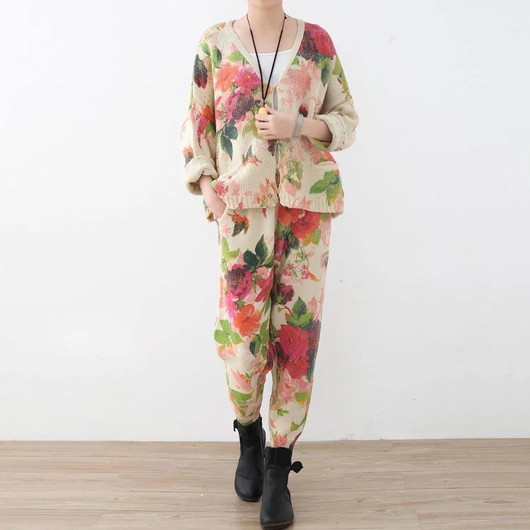 2018 spring new roses prints cute sweater and knit harem pants casual two pieces