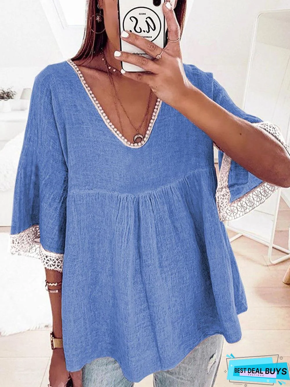 Casual Lace Stitching Five-Quarter Sleeve Cotton and Linen Shirt