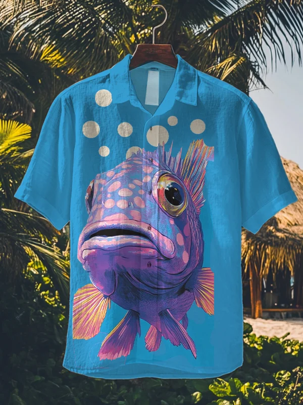 Men's Fish Blowing Bubbles Art Print Short Sleeve Shirt